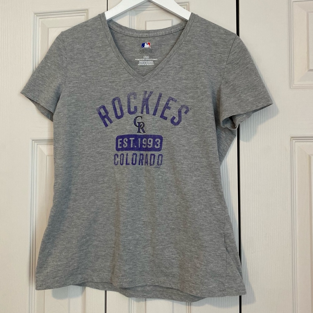 Colorado CO MLB Rockies Baseball Tee Shirt Short Sleeve Purple Grey Sz Large